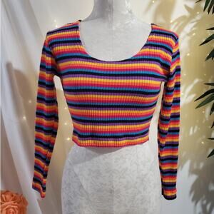 Vtg Suzy Phillips 80s 90s Ribbed Knit Striped Crop Scoop Neck Sweater Size S
